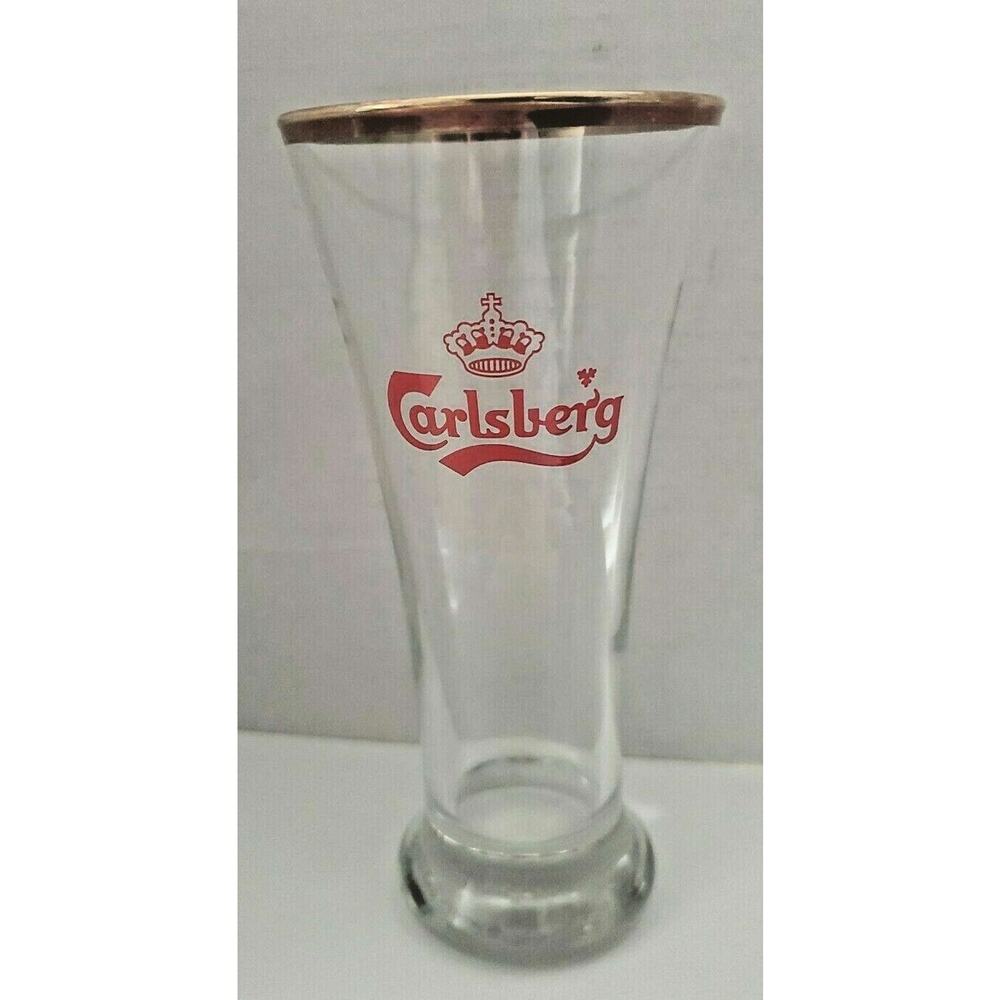 Vintage 1960's Carlsberg beer‎ red crown Logo gold rimmed Pilsner glass U198